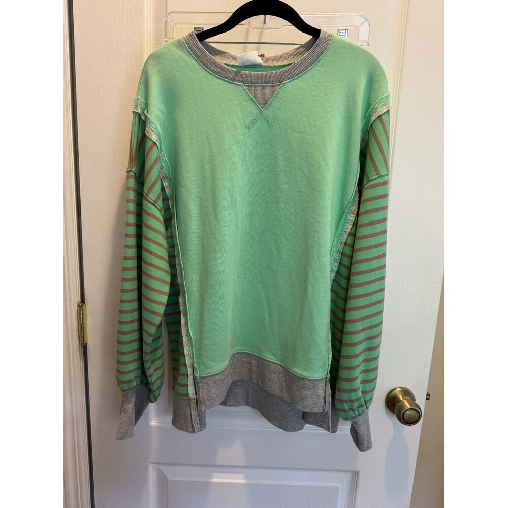 Very J Contrast Stripe Patchwork Sweatshirt - Mint Green & Gray (Size Small)